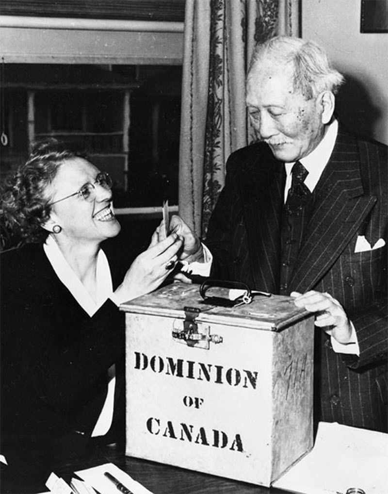 Black and white photo of an elderly man placing his ballot in a metal ballot box, while a female election worker stands beside him smiling