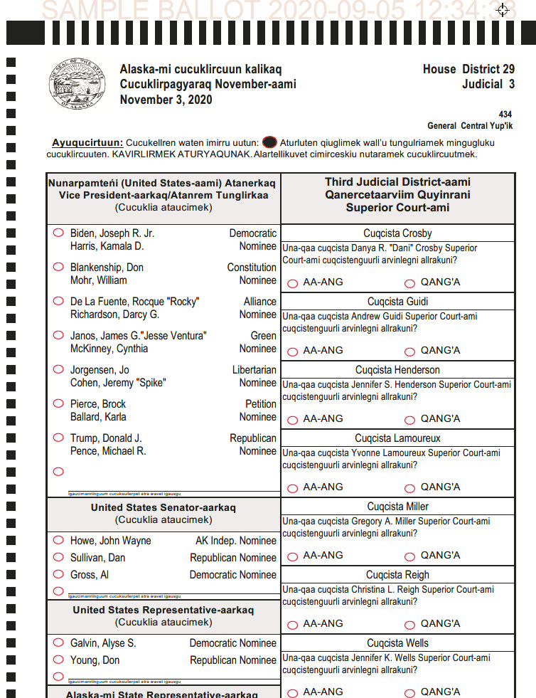 Exemple de bulletin de vote en yup'ik de l'Alaska central pour l'élection générale de 2020
