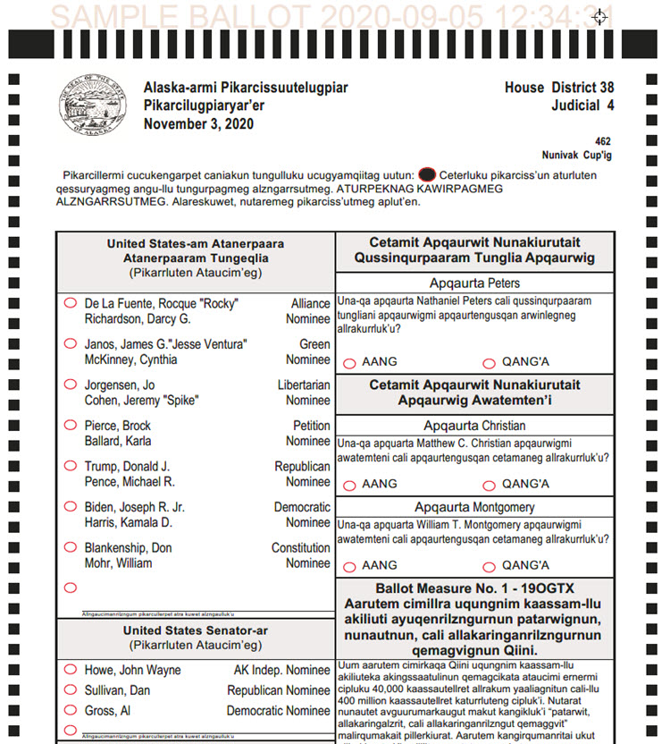 Exemple de bulletin de vote en cup'ig (Nunivak) pour l'élection générale de 2020