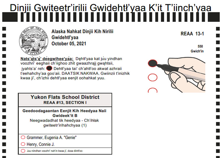 Exemple de bulletin de vote en gwich'in pour les aires régionales liées à l'assiduité scolaire (Regional Educational Attendance Area)