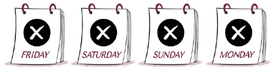 illustration of four calendars showing Friday, Saturday, Sunday and Monday