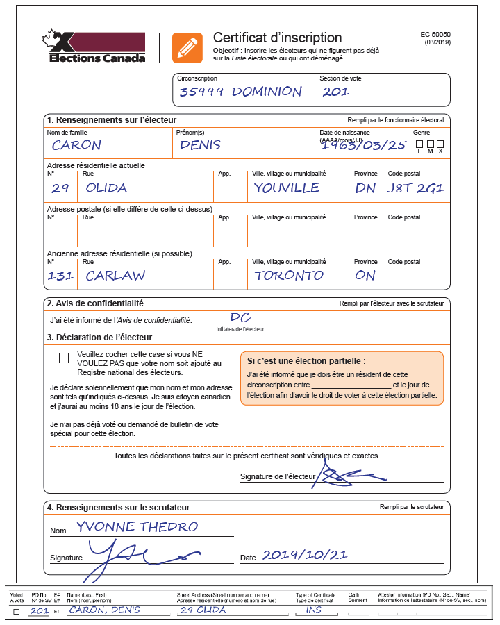 Certificat d'inspcription