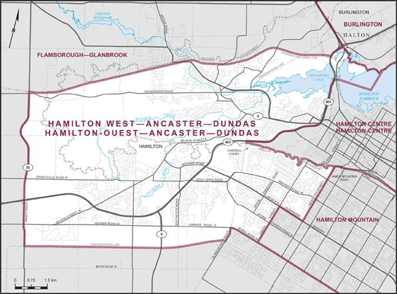 Map – Hamilton West–Ancaster–Dundas, Ontario