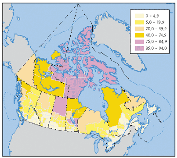 Pourcentage de la population autochtone par division de recensement, 1996