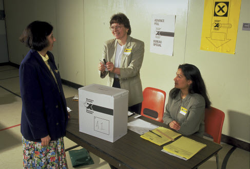 Photo en couleur d'une femme devant une table sur laquelle se trouve une urne. Elle fait face à deux administratrices d'élections qui l'aident à voter. Sur le mur, une affiche indique qu'il s'agit d'un lieu de vote par anticipation.