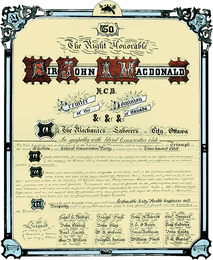 Image of a scroll presented to Sir John A. Macdonald in 1878 by the Mechanics and Labourers of Ottawa.