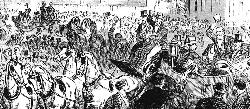 Black-and-white illustration of hundreds of men in a city street waving their hats as a horse-drawn carriage moves through the crowd.