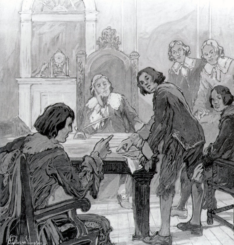 Watercolour painting of six men dressed in colonial-era clothes meeting around a desk and a throne-like chair.
