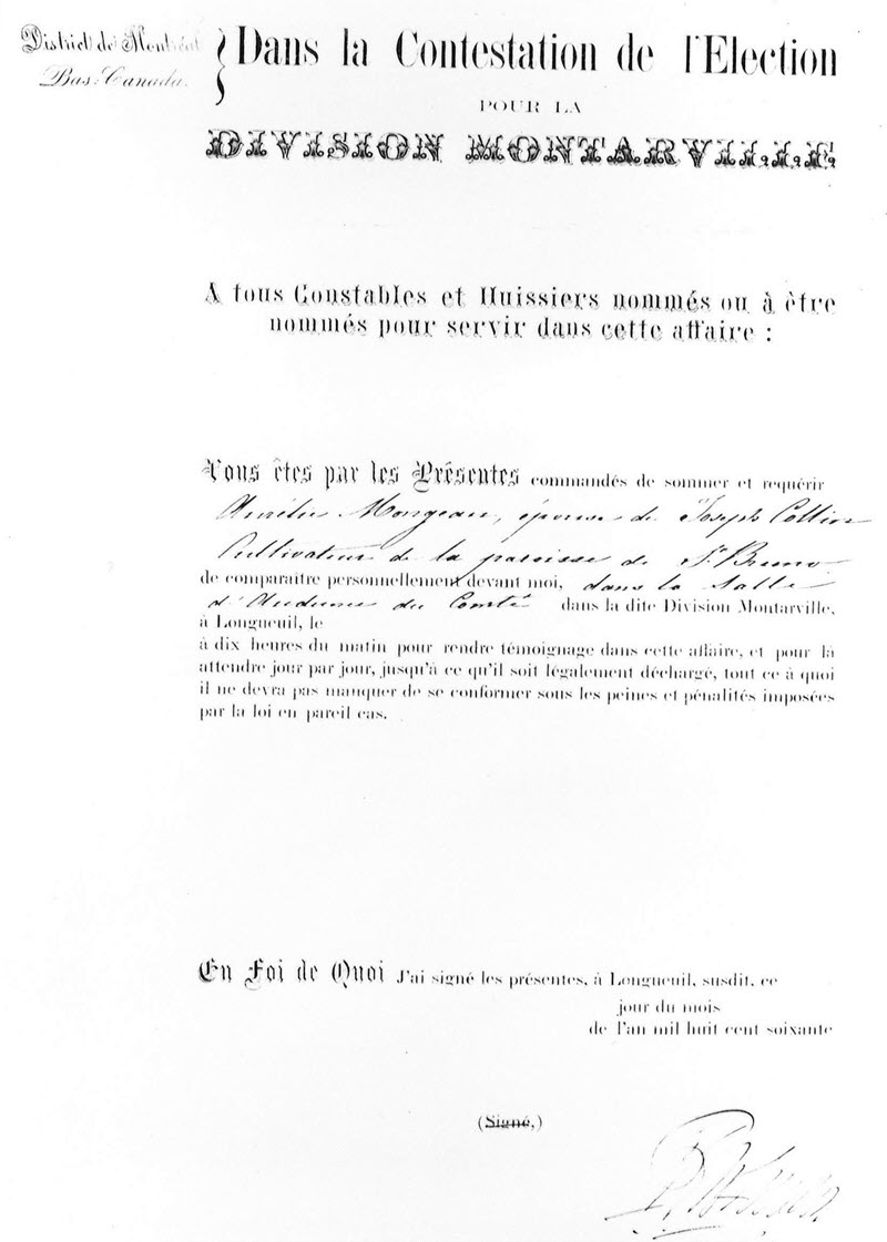 Image d'une lettre adressée aux agents de police et aux huissiers chargés de missions dans l'affaire de l'élection contestée dans la circonscription de Montarville.