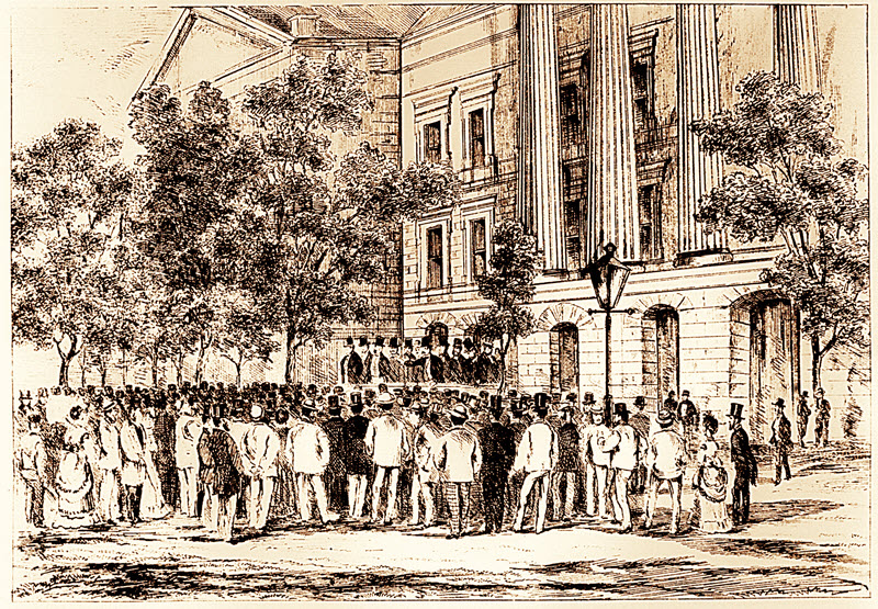 Sketch showing a large crowd of men gathered outside a brick building. A dozen or so men in top hats stand at the front of the crowd on a raised platform.