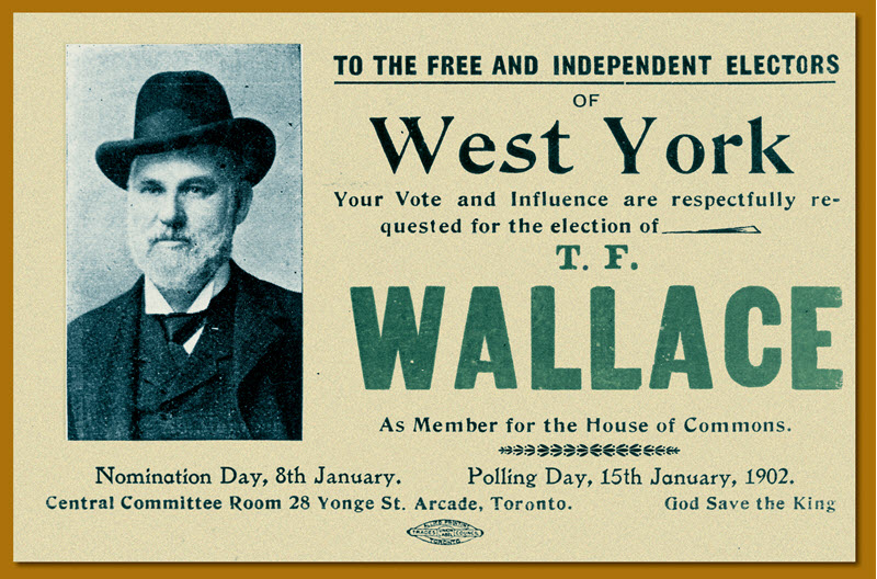 A postcard featuring the photograph of a bearded man urging electors to nominate and vote for T.F. Wallace in a 1902 by-election in West York, Ontario.