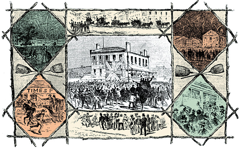 Lithograph produced by the Canadian Illustrated News depicting one of the last open-ballot elections, in Hamilton, Ontario, 1872. Contains series of images from the election, including torchlight parade to attract voters and candidates greeting supporters.