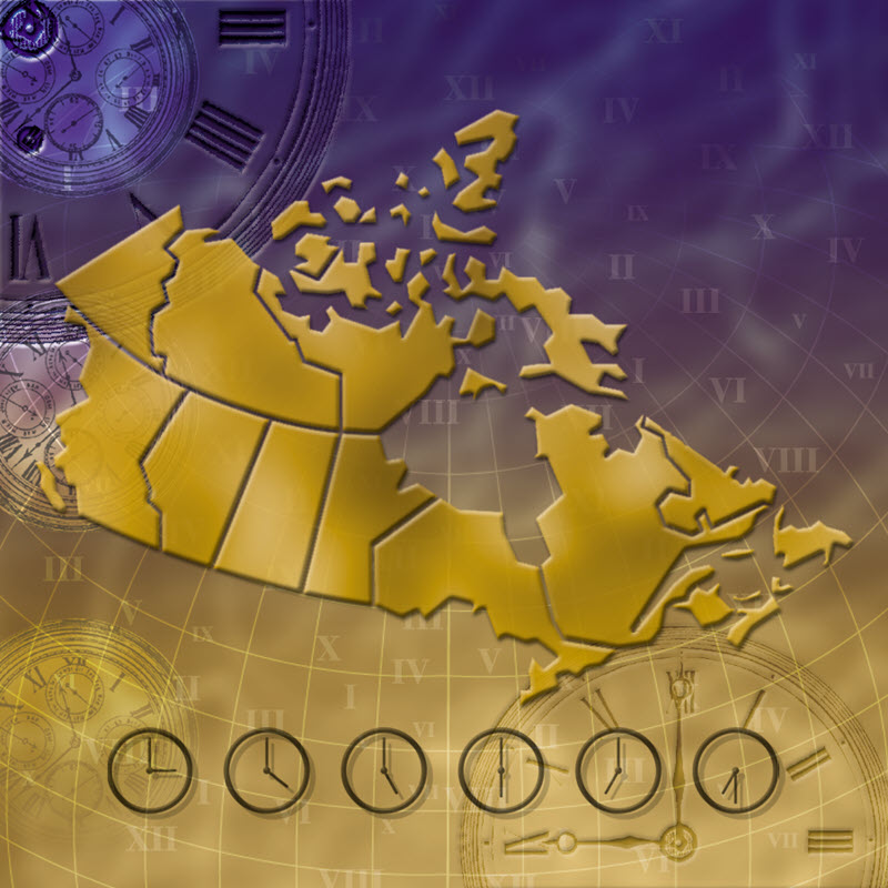 Image de la carte du Canada divisé en provinces et en territoires. Sous la carte se trouve une rangée de six horloges analogiques dont les aiguilles indiquent les différents fuseaux horaires.