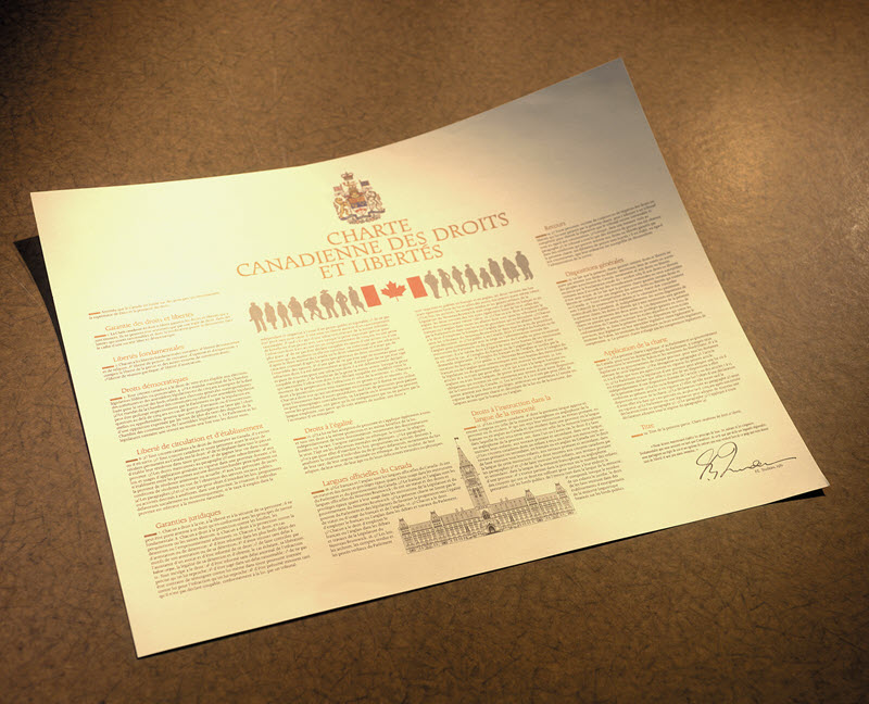 Photo d'un document montrant le texte de la Charte canadienne des droits et libertés.