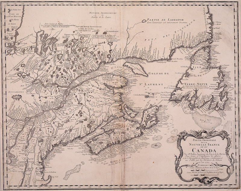 Carte dessinée à l'encre et à l'aquarelle représentant la partie orientale de la Nouvelle-France en 1755. 