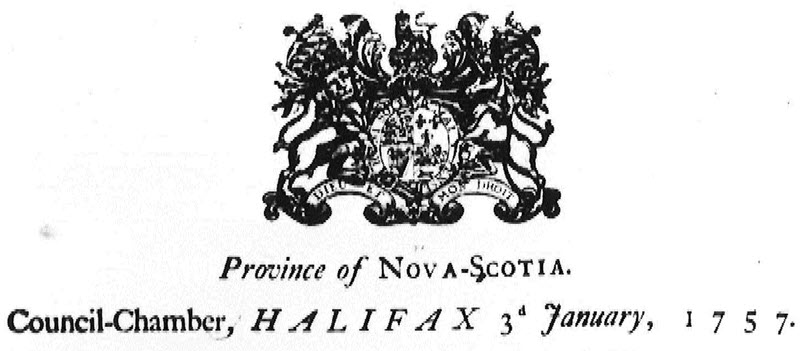 Photo en noir et blanc d'un emblème et de résolutions écrites (datées du 3 janvier 1757) de l'assemblée nommée de la Nouvelle-Écosse adressées au gouverneur de la Nouvelle Écosse, Charles Lawrence.